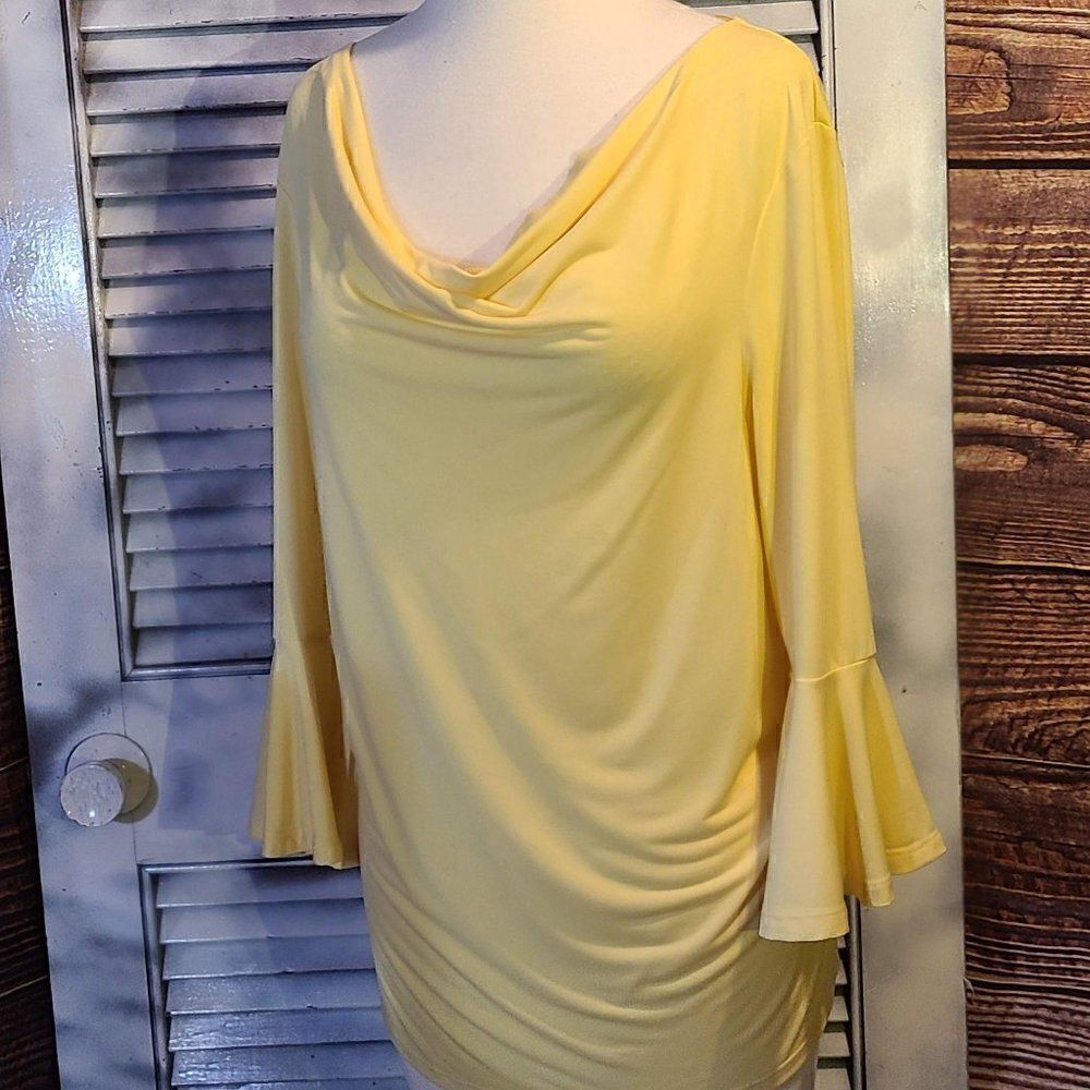 NWT Premise Med Yellow Draped Cowl Neck Bell Sleeve Blouse